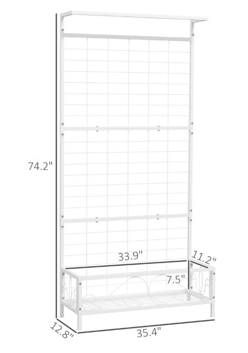 Metal Tall Plant Stand with Trellis and Hanging Bar, Plant Holder for Indoor Outdoor Use, 35" x 12.8" x 74", White