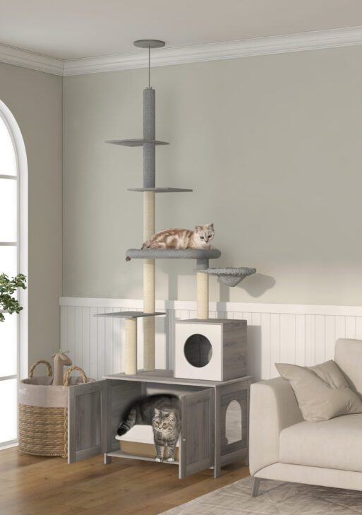 2 in 1 Floor to Ceiling Cat Tree with Litter Box Enclosure, Condo, Bed, Hammock, Scratching Posts, and Platforms, Gray