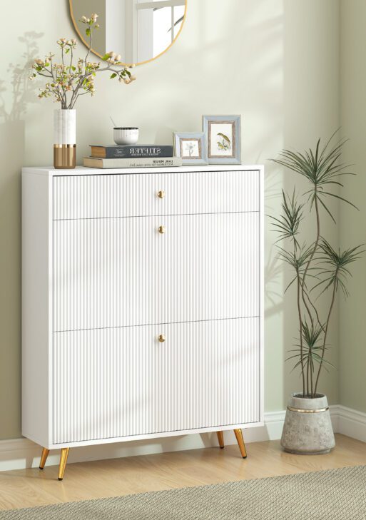 Narrow Shoe Storage Cabinet with Wave-like Panels and Adjustable Shelves for 12 Pairs of Shoes, White