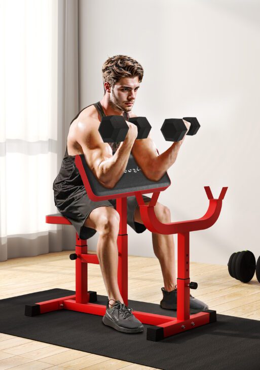 265 LBS Preacher Curl Bench for Strength Training, Adjustable Seated Arm Isolated Barbell Dumbbell Bicep Station, Red