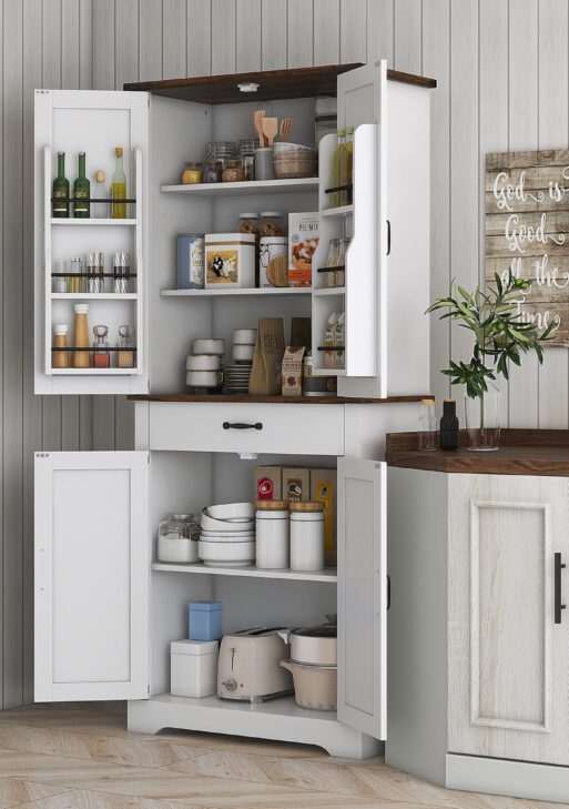 71" Tall Kitchen Cabinet, Farmhouse Pantry Cabinet w/ Barn Doors, 6 Shelves w/ 2 Doors, Drawer and Adjustable Shelves, White