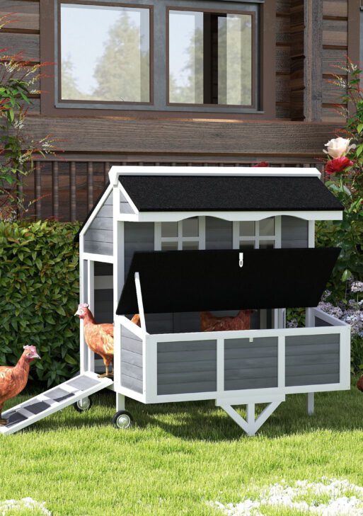 43" Chicken Coop with Wheels, Chicken Tractor with Nesting Box, Windows, Pull-out Tray, Perches, for 2-4 Hens, Gray