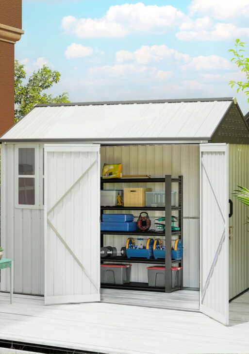 8' x 6' Metal Garden Storage Shed, Extra Large Outdoor Tool Storage House w/ Doors, Window and Air Vents, White