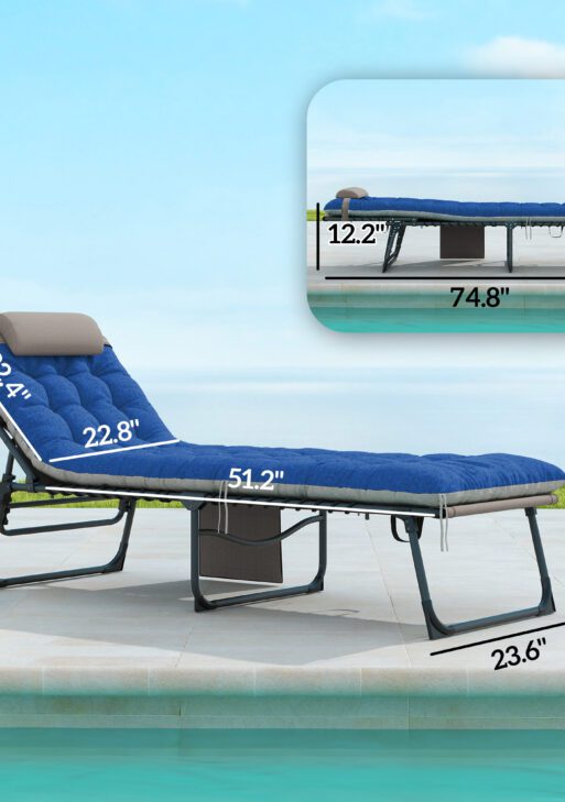 Outdoor Chaise Lounge Chair Set of 2, 5-Level Adjustable Folding Pool Lounge Chairs with Cushions, Brown/Blue