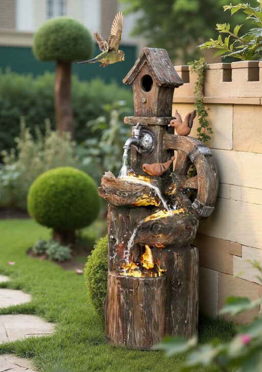 Outdoor Water Fountain, Decorative Garden Birdhouse, 3-Tier Cascading Waterfall with LED Lights and Water Wheel, Soothing Tranquility for Home Garden, Yard Decor