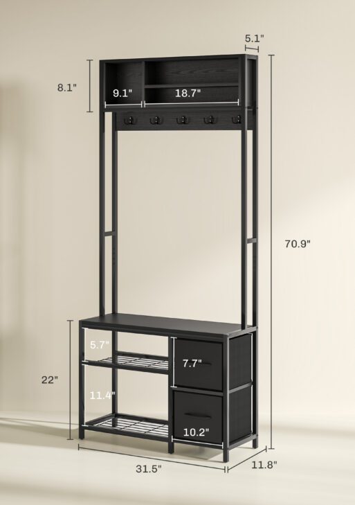 Hall Tree with Bench and Shoe Storage, 5-in-1 Entryway Bench with Coat Rack, 3 Storage Shelves, 2 Fabric Drawers, Black