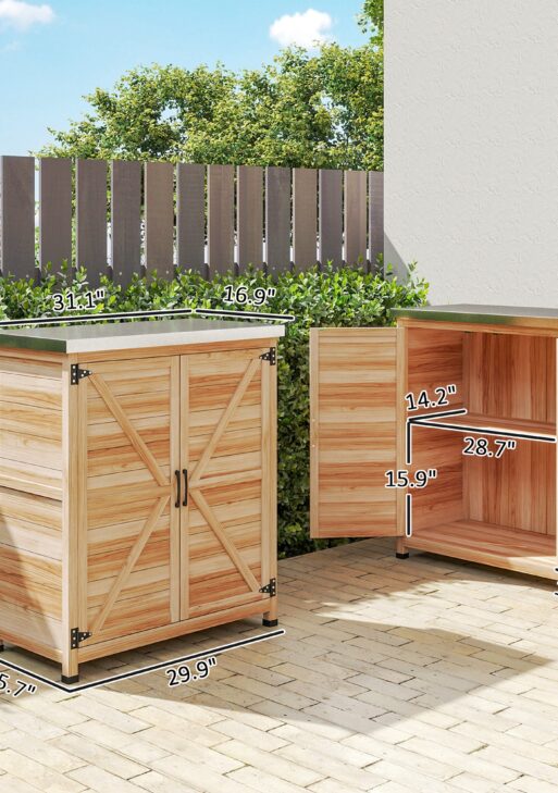 Wooden Storage Cabinet, Outdoor Prep Table w/ Metal Tabletop, Shelves and Double Doors for Patio, Garden, Natural Wood