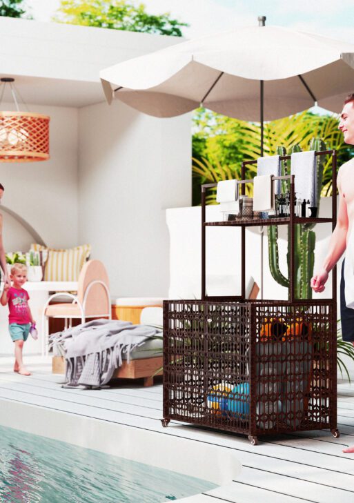 Wicker Pool Float Storage Organizer, PE Rattan Pool Float Holder with Basket Shelf Towel Bars, Rolling Pool Caddy for Floaties, Noodles, Life Vests, Beach Balls, Mixed-Brown