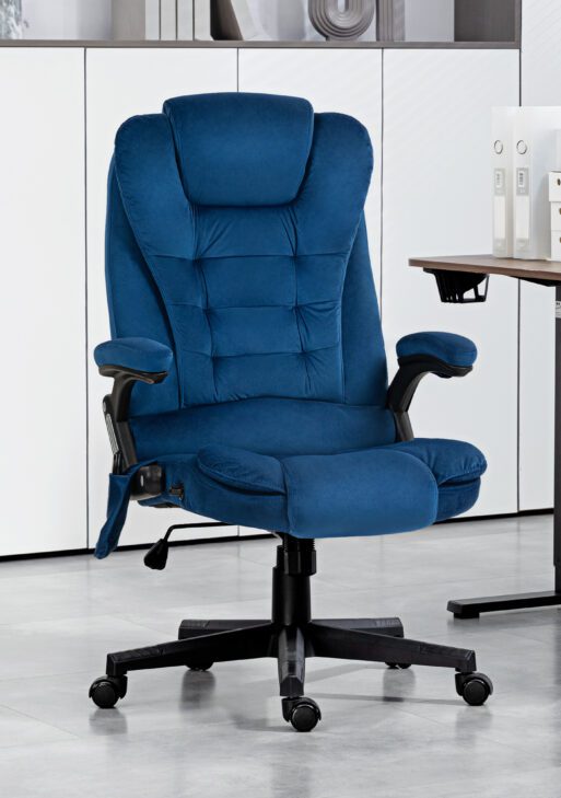 6 Point Executive Office Chair with Heat, Velvet High Back Vibrating Massage Office Chair, Drak Blue