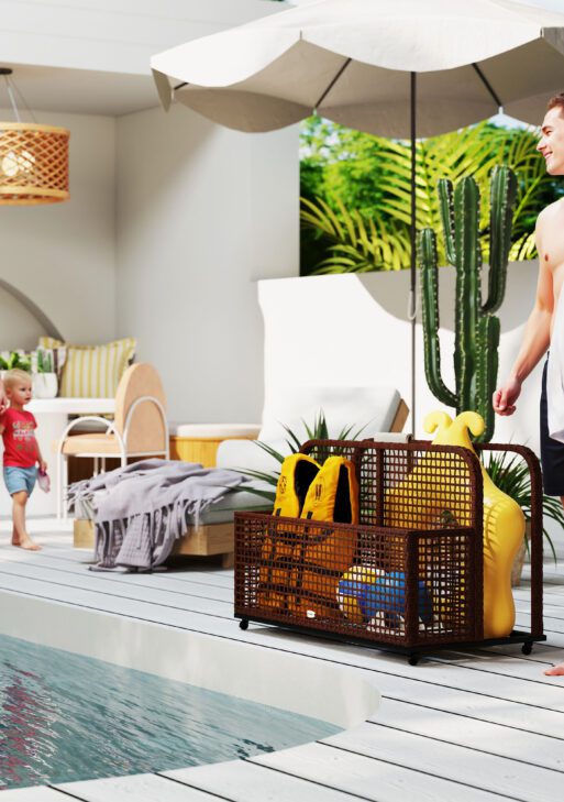 Pool Float Storage, Pool Caddy, with Wheels, 43.25" L x 22.5" W x 28" H, Brown