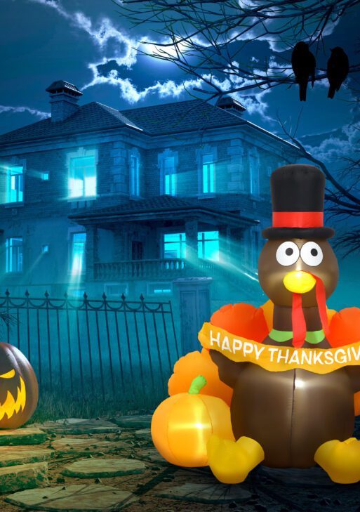 5ft Inflatable Thanksgiving Turkey Pulls Banner with Pumpkin, Blow Up LED Display for Garden Indoor Outdoor