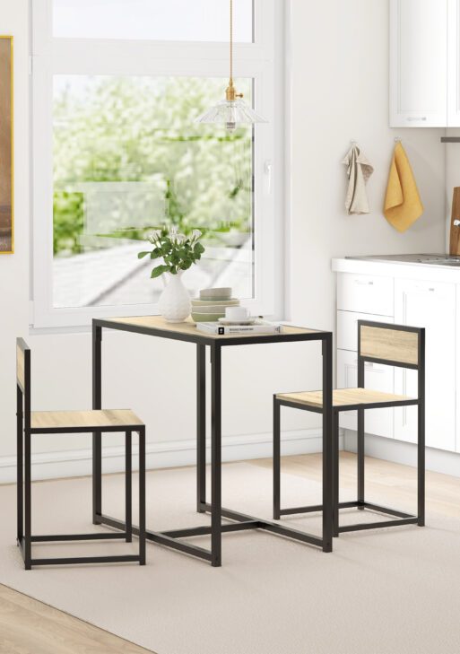 3-Piece Dining Room Set, Industrial Kitchen Table Set with Rectangular Table and 2 Dining Chairs, Oak