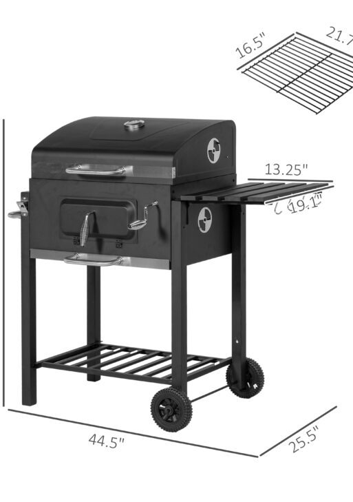 Charcoal BBQ Grill and Smoker Combo Outdoor Portable Trolley Camping Picnic Backyard with Side Shelf, Black