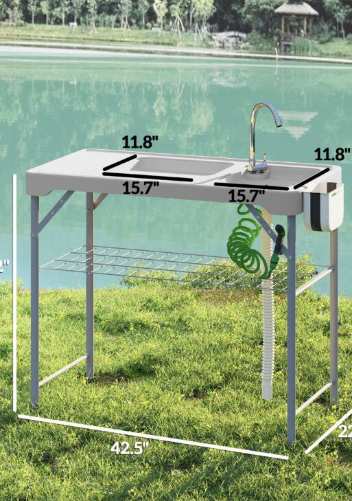Folding Fish Cleaning Table with Sinks, Portable Camping Sink Table with Faucet, Drainage Hose, Sprayer, Shelf, Drawer and Storage Basket, Outdoor Fillet Table for Picnic Beach Patio, Gray