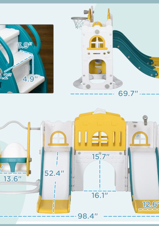8 in 1 Toddler Slide and Swing Set w/ 2 Slides, Basketball Hoop, Climber, Storage Space Telescope, Yellow