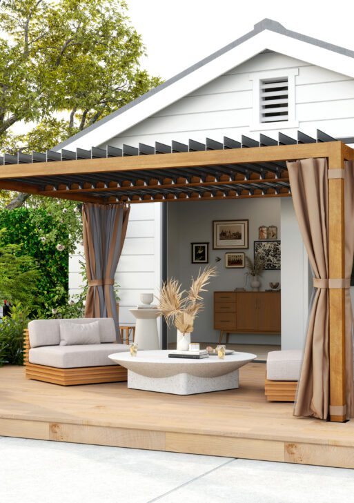 10' x 13' Outdoor Retractable Pergola w/ Sun Shade Louvered Top, Pergola w/ Canopy, Curtains, Netting, Natural Wood