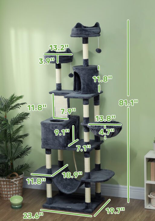 81" Cat Tree w/ Cat Scratching Posts, Scratching Board, Condos, Beds, Hammocks, Toy Balls, Rope Cat Toy, Gray