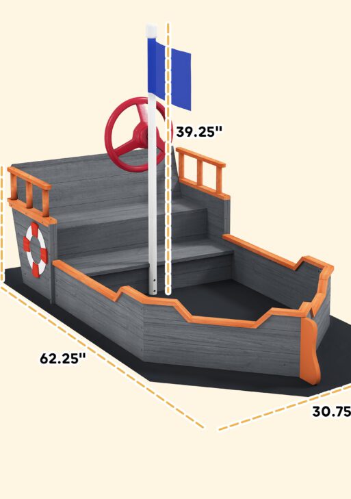 Kids Wooden Sandbox Pirate Ship Sandboat w/ Bench Seat Storage Space Ceder Wood, Gray