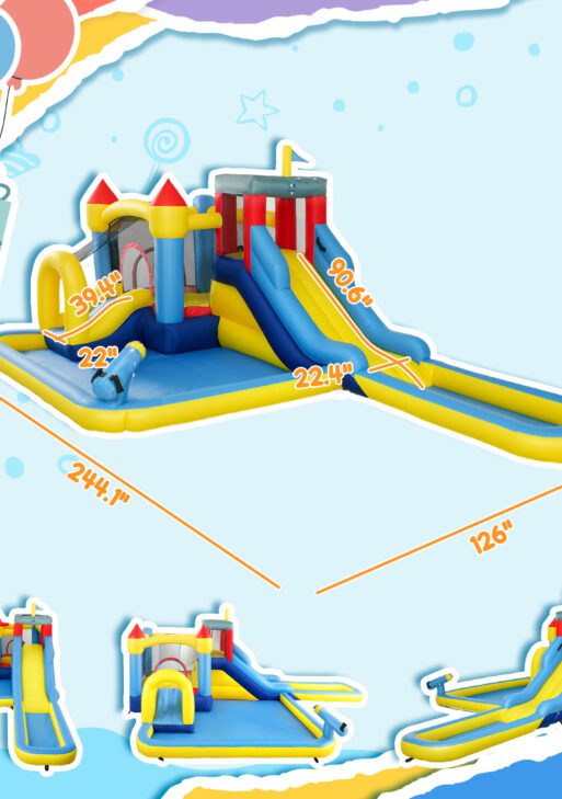 6 in 1 Inflatable Water Slide Park with Splash Pools, 2 Slides, Trampoline, Climbing Wall, Cannon, Basketball Hoop