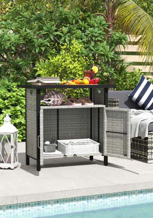 Outdoor Pool Towel Storage Cabinet Organizer, Outdoor Bar Table with Shelf and Cabinet, Pool Towel Holder Pool Valet with Weather-Resistant PE Rattan and Steel Frame, Gray