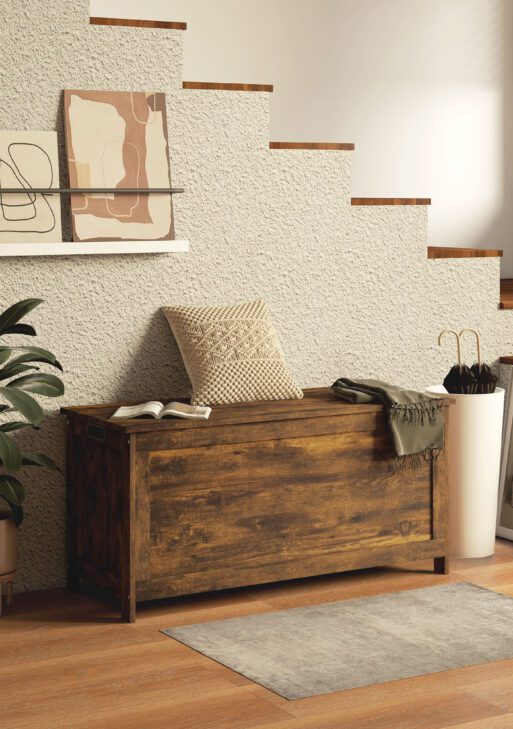 39.4" Storage Trunk w/ 2 Safety Hinges, Wooden Storage Bench w/ Side Handles, Storage Chest for Playroom, Rustic Brown