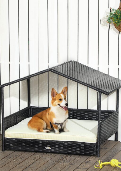Wicker Dog House with Removable Cushion Lounge, Cream White