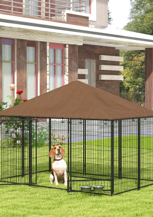Outside Dog Kennel, 6.9' x 4.6' x 5' Puppy Play Pen with Canopy, Garden Playpen Fence Crate with Rotating Bowl, Black