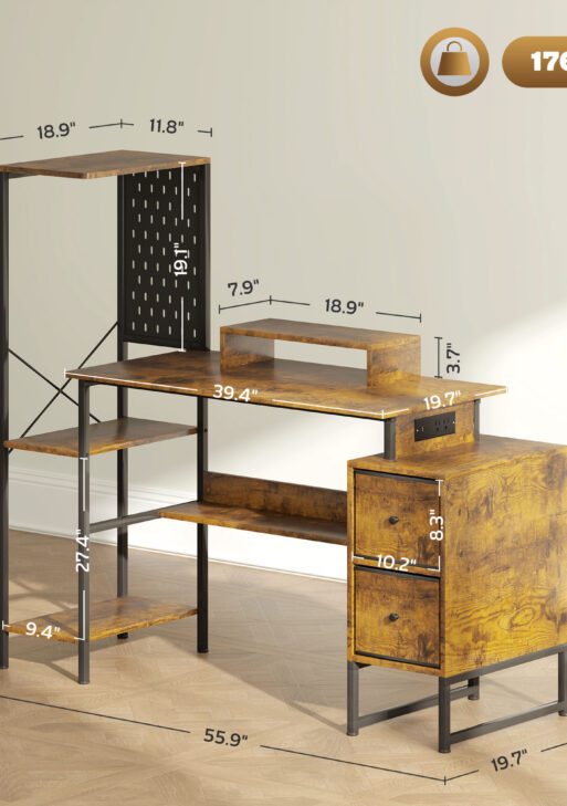 56" Computer Desk with Storage, Computer Table with Power Outlets and LED Lights, Rustic Brown