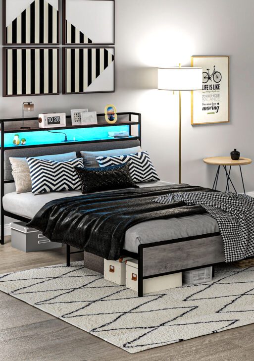 Queen Size Bed Frame with Storage Upholstered Headboard, Queen Bed Frame with LED Lights, Charging Station, Cement Gray