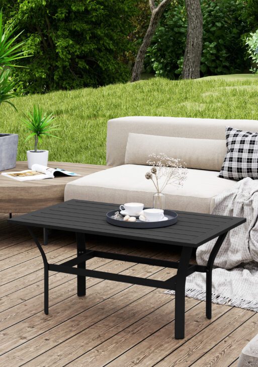 Outdoor Coffee Table with Slatted Tabletop, All-Weather Rectangle Metal Patio Coffee Table for Garden, Black