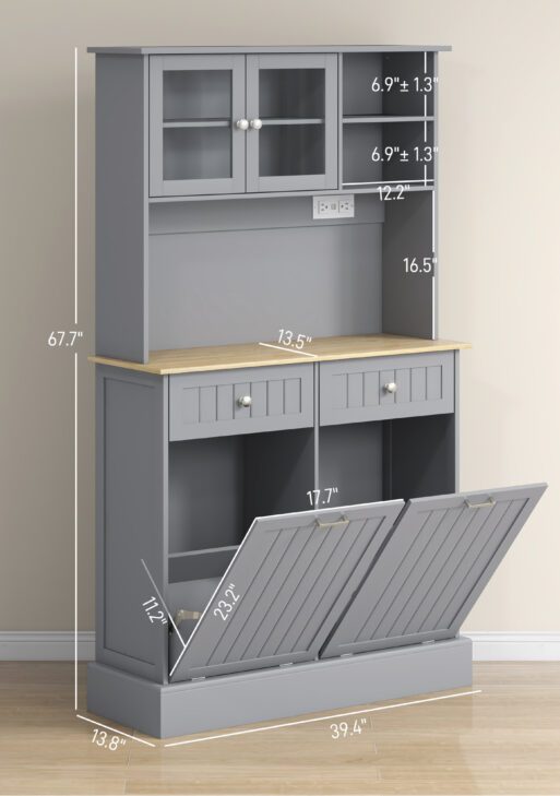 Kitchen Cabinet with Charging Station, 2 Tilt Out Cabinets, Microwave Stand, Freestanding Kitchen Pantry Cabinet, Gray