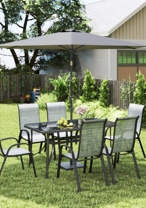 8 Pieces Patio Furniture Set with 9Ft Patio Umbrella, Outdoor Dining Table and Chairs, Mixed Gray