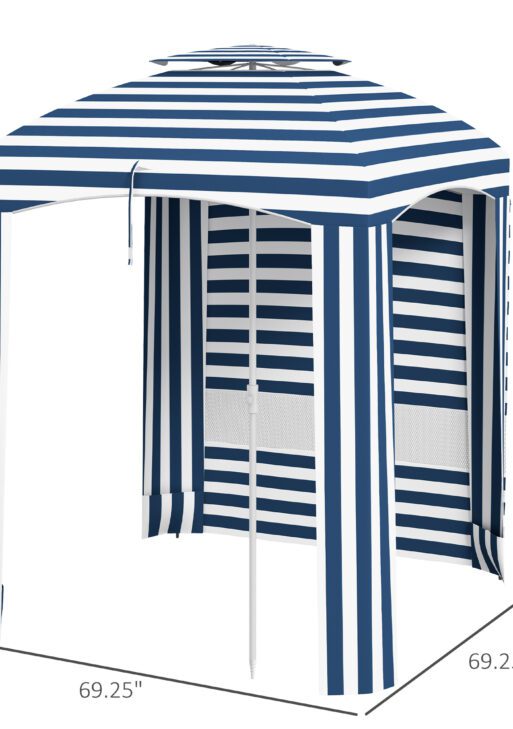 5.8' x 5.8' Cabana Umbrella for Travel, Walls, Vents, Ruffles, Carry Bag, Beach Umbrella, Blue & White Stripe