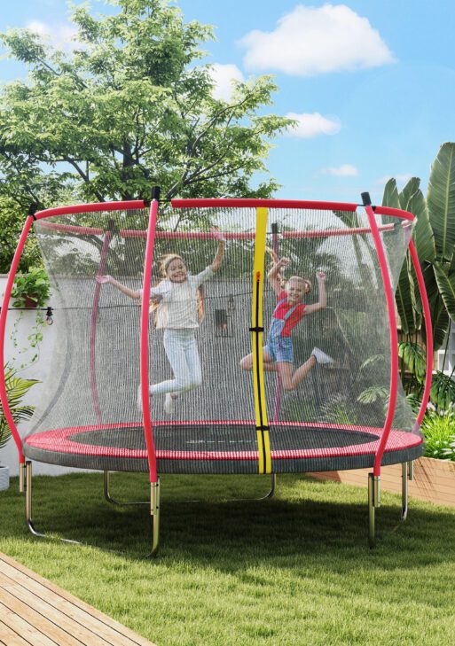 10ft Outdoor Trampoline with Net Enclosure, Curved Poles and Safety Pad, ASTM Approved, Red
