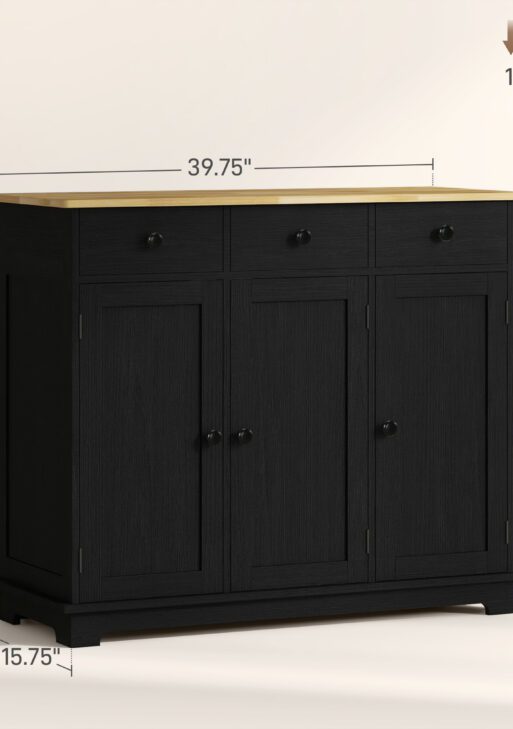 Kitchen Storage Cabinet, Sideboard Floor Cupboard with Solid Wood Top, Adjustable Shelf, and 3 Drawers, Black Wood Grain