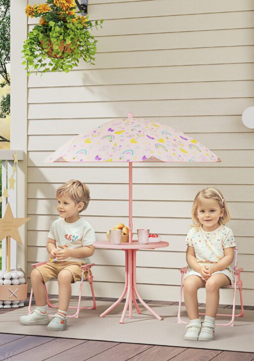 Kids Picnic Table and Chair Set, Outdoor Activity Table with Foldable Chairs, Removable Umbrella for Backyard, Pink