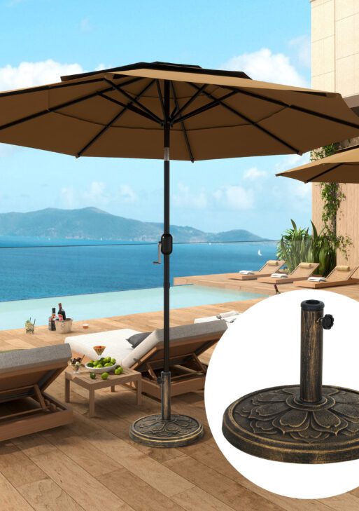 Round Patio Umbrella Base, 26 lbs Resin Outdoor Umbrella Stand Base, Patio Umbrella Stand for 1.3"/1.5"/1.9" Umbrella Poles for Outdoor, Lawn, Poolside, Bronze