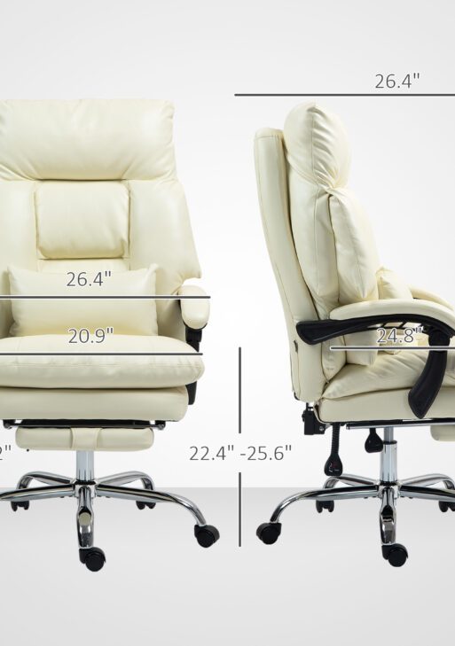 Overstuffed Office Chair, High Back Desk Chair with Foot Rest, Reclining PU Leather Computer Chair, Cream White