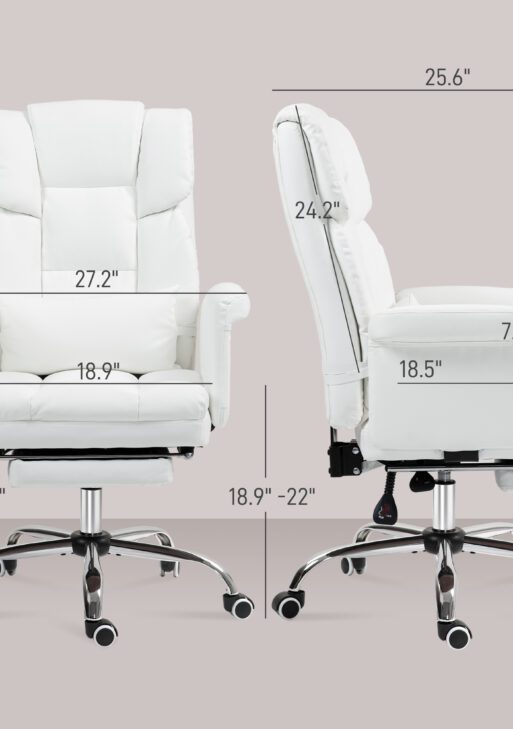 Executive Office Chair with Footrest and Lumbar Support, PU Leather Desk Chair, Ergonomic, Reclining and Swivel, White