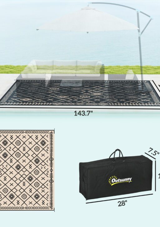 Reversible Outdoor Rug, Waterproof Plastic Straw with Carry Bag, 9' x 12', Black & Beige Rhombus