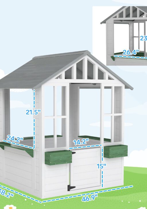 Kids Wooden Playhouse, Outdoor Garden Games Cottage with Flowers Pot Holder, Working Door, Windows, White