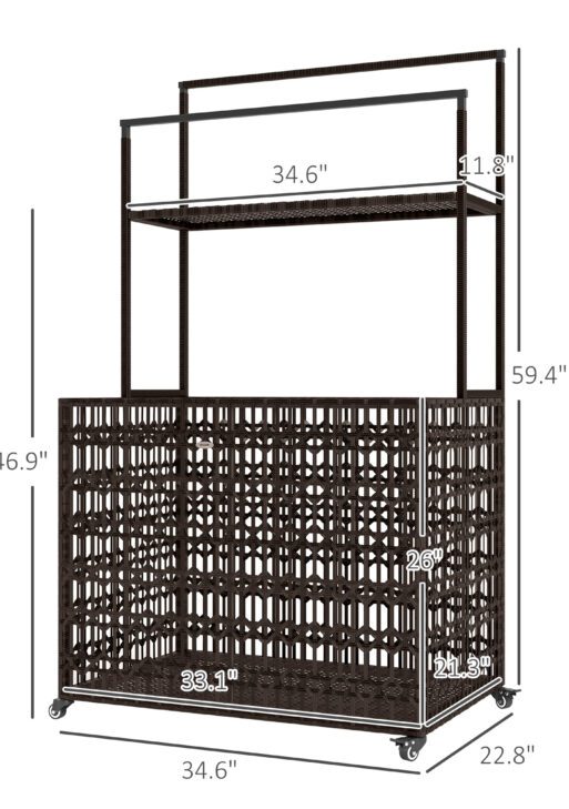 Wicker Pool Float Storage Organizer, PE Rattan Pool Float Holder with Basket Shelf Towel Bars, Rolling Pool Caddy for Floaties, Noodles, Life Vests, Beach Balls, Mixed-Brown