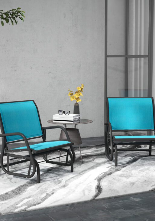 2 Pieces Outdoor Glider Chair, Steel Swing Chai with Curved Armrests for Porch, Garden, Poolside, Balcony, Blue