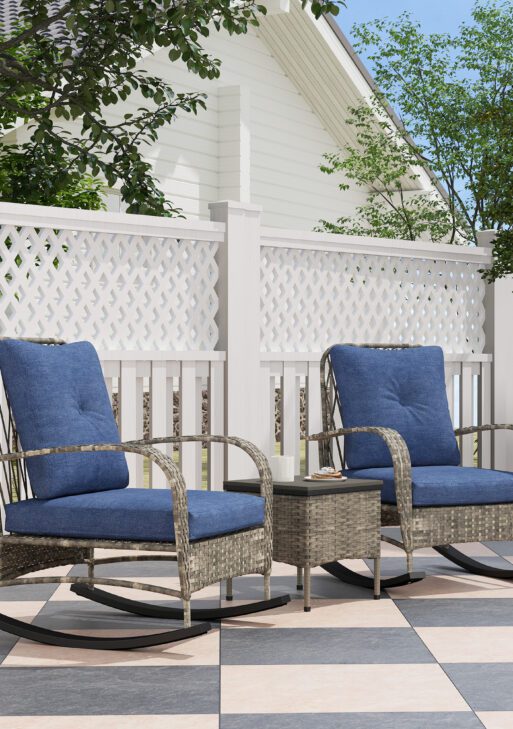 3 Piece Wicker Patio Furniture Set, Outdoor PE Rattan Rocking Chairs with Coffee Table, Cushions for Porch, Gray