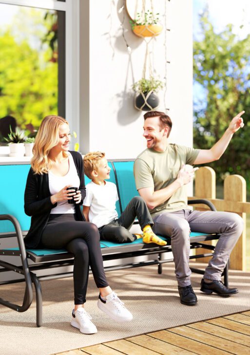 3-Person Outdoor Patio Glider Bench, Porch Glider Swing with 3 Seats, Breathable Mesh Fabric, Metal Frame, Blue