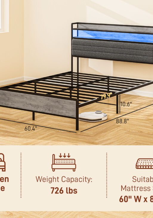 Queen Size Bed Frame with Storage Upholstered Headboard, Queen Bed Frame with LED Lights, Charging Station, Cement Gray