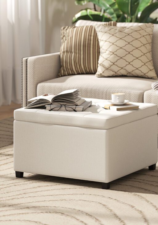Round Storage Ottoman Bench, Button Tufted Ottoman with Flip Top for Living Room, Entryway and Bedroom, Beige