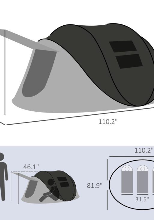 Pop Up Tent with Porch and Carry Bag, 3000mm Waterproof, for 2-3 People Camping Hiking, Black