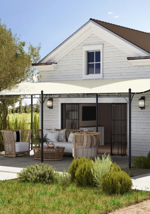 10' x 20' Wall-Mounted Outdoor Pergola Canopy, Metal Patio Canopy with Drainage Holes for Backyard Garden, Cream White