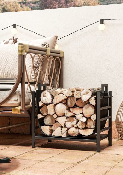 Firewood Rack, Indoor Outdoor Wood Storage Log Holder with Log Carrier, Handles, 19.3" x 13.4" x 17.3", Black